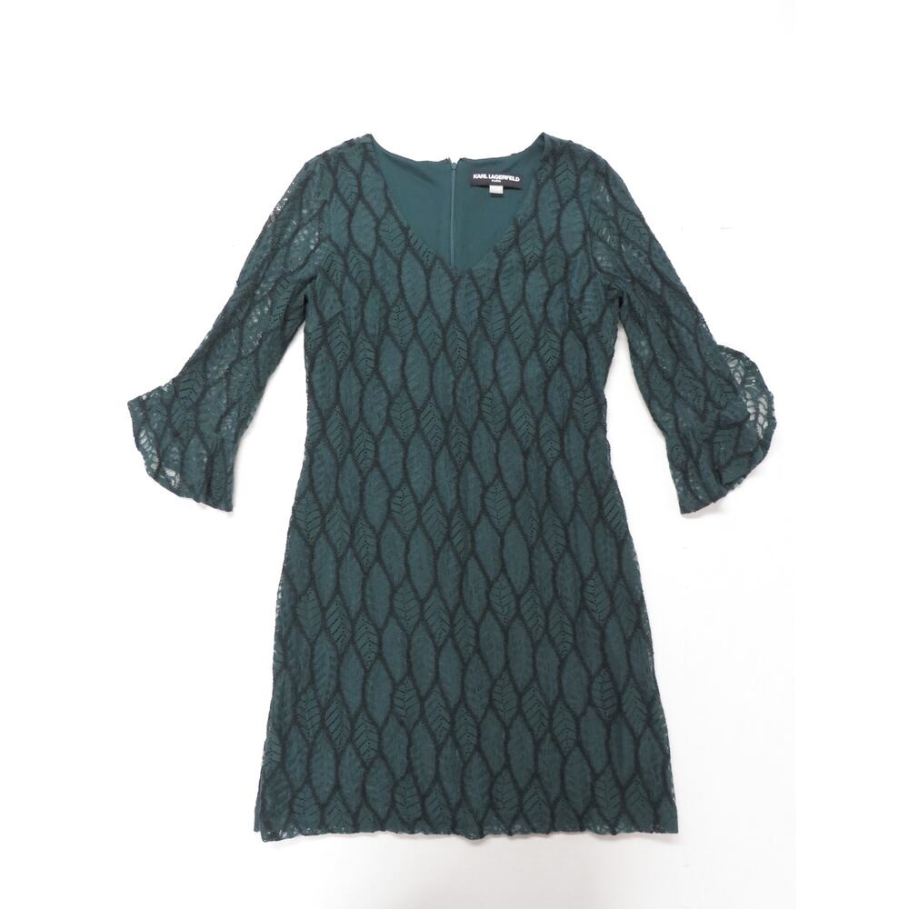 Karl Lagerfeld Paris Women's 8 Green Pine V-Neck Lace Whimsigoth Fall Autumn